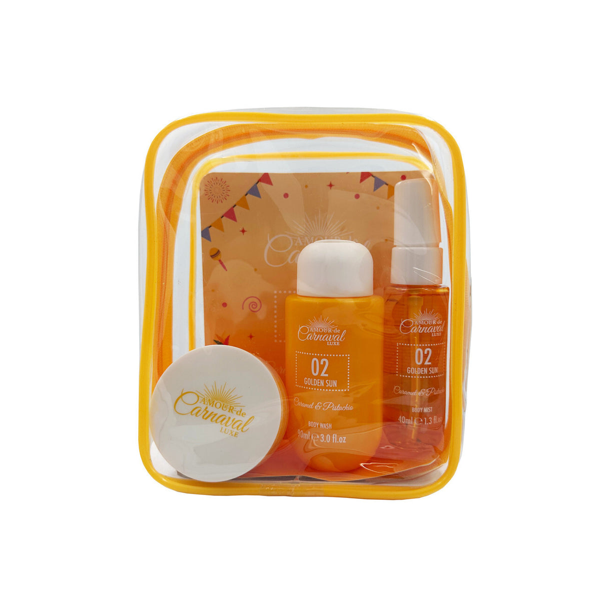Amour de carnaval 02 golden sun 4 pcs set for women: 1.3 body mist + 1.6 body lotion + 3 oz body wash + cosmetic bag
