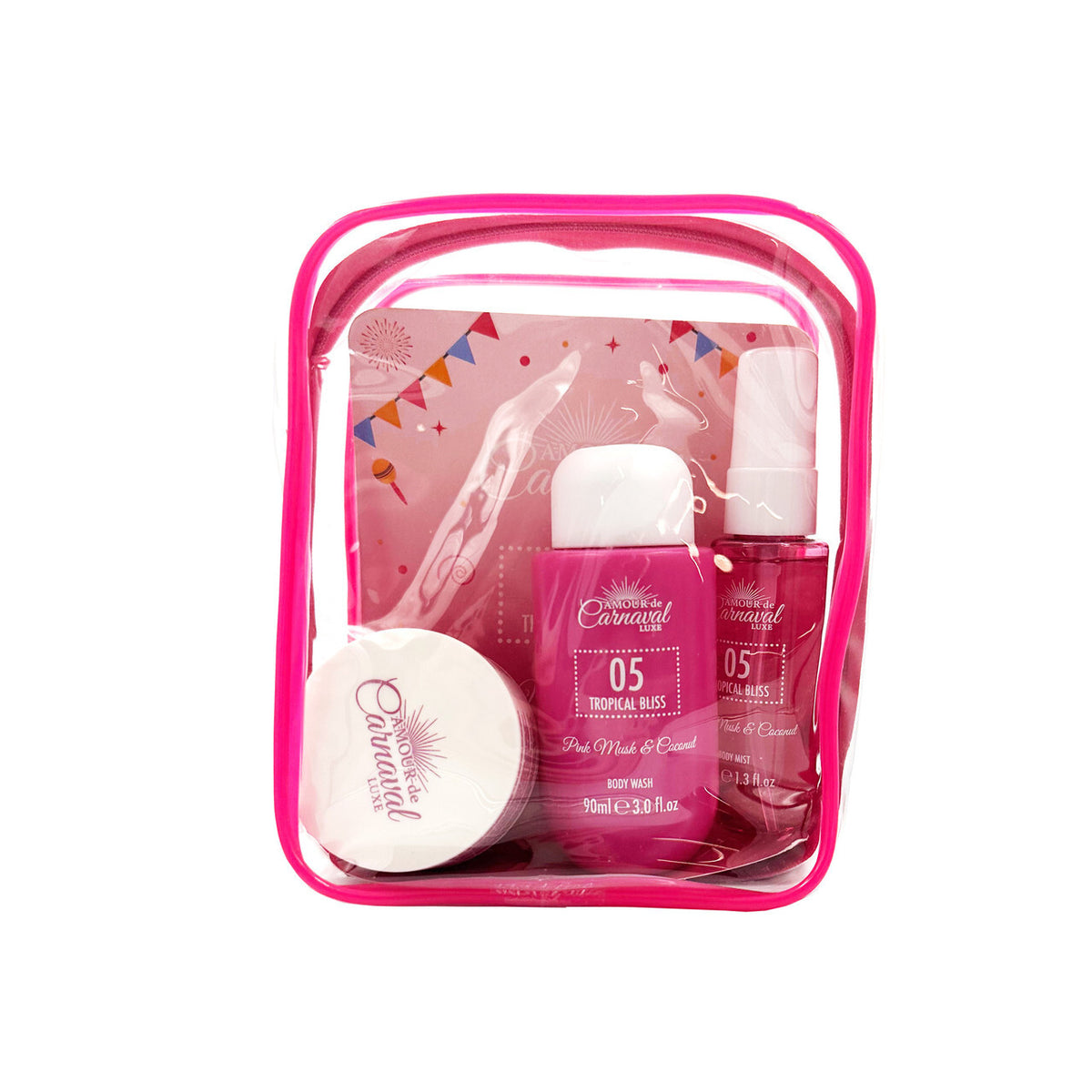 Amour de carnaval 05 tropical bliss 4 pcs set for women: 1.3 body mist + 1.6 body lotion + 3 oz body wash + cosmetic bag