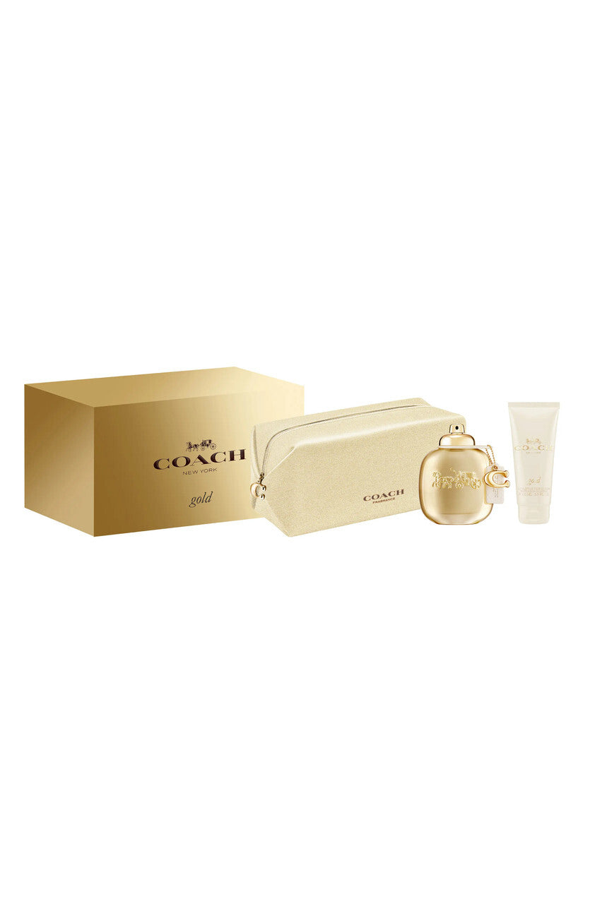 Coach gold 3 pcs set for women: 3 oz parfum spray + 3.3 body lotion + pouch