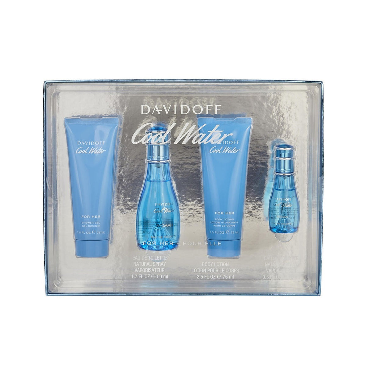 Coolwater 4 pcs set for women: 1.7 eau de toilette spray + 2.5 body lotion + 2.5 shower gel + 15 ml eau de toilette spray