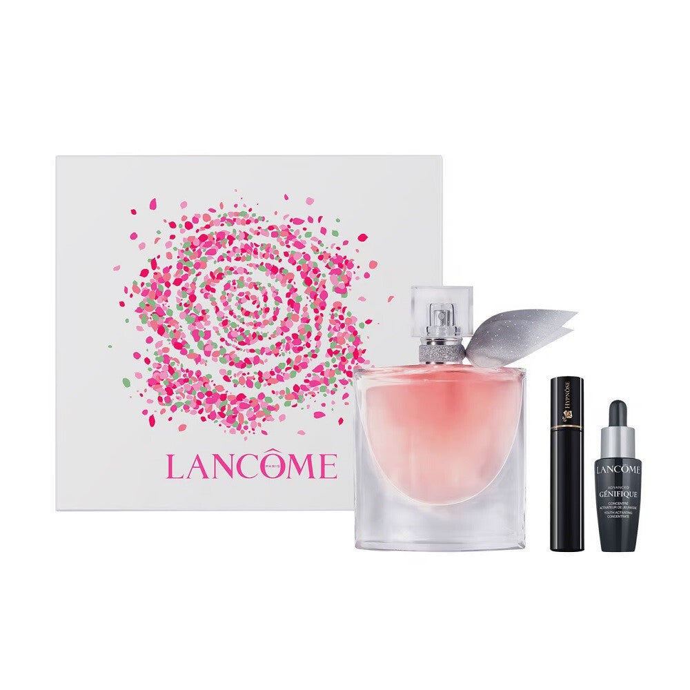 Lancome la vie est belle 3 pcs set for women: 1.7 eau de parfum refillable spray + 0.33 oz advanced genifique + 2 ml hypnose - 01 noir hypnotic mascara volume