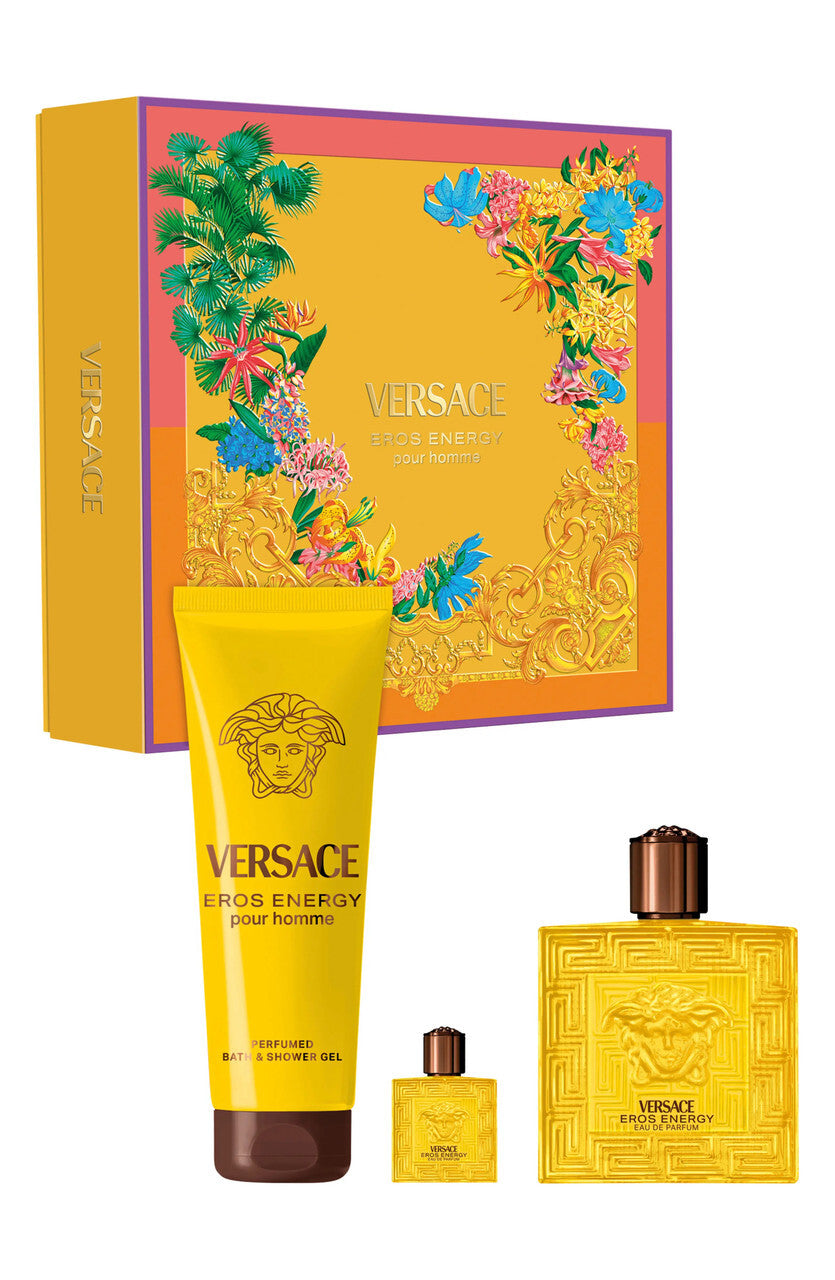 VERSACE EROS ENERGY 3 PCS SET FOR MEN: 3.4 EAU DE PARFUM SPRAY + 5 ML EAU DE PARFUM MINI + 5 OZ PERFUMED BATH & SHOWER GEL